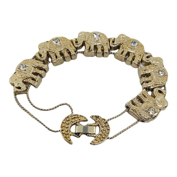 Six Elephant Goldtone Rhinestone Moving Bracelet - Picture 3 of 7